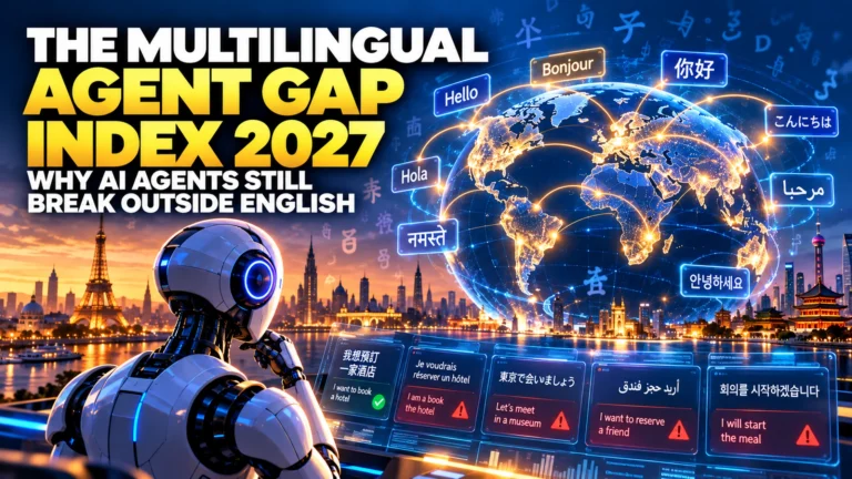 The Multilingual Agent Gap Index 2027 showing a global AI agent navigating multiple languages and multilingual execution risks