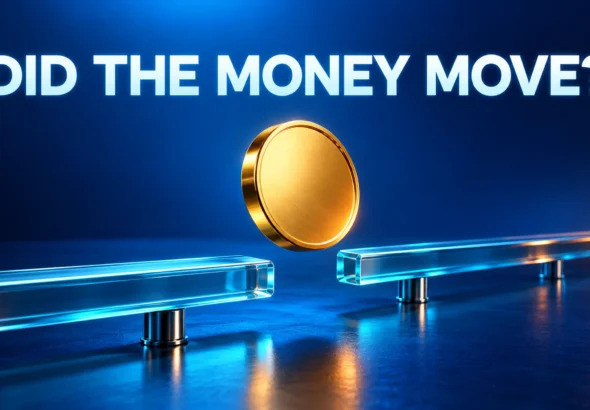A golden coin crossing a gap between transparent rails beneath the caption Did the Money Move, illustrating verification of AI payment outcomes.