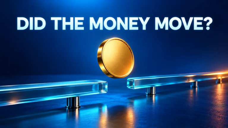 A golden coin crossing a gap between transparent rails beneath the caption Did the Money Move, illustrating verification of AI payment outcomes.