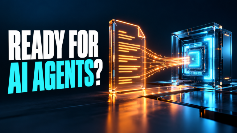 Ready for AI Agents? A luminous instruction document connects to a computing core.