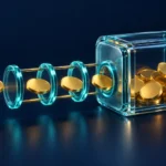 Unmarked gold coins pass through cyan authorization rings beside a transparent digital vault on a deep navy background.