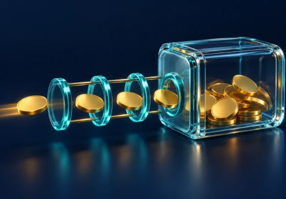 Unmarked gold coins pass through cyan authorization rings beside a transparent digital vault on a deep navy background.