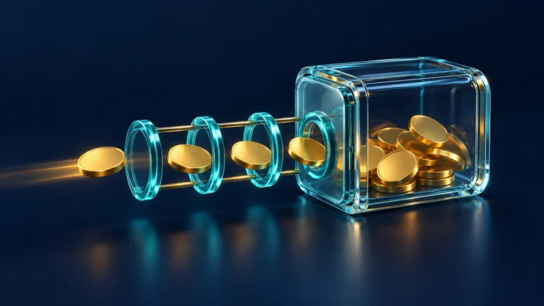 Unmarked gold coins pass through cyan authorization rings beside a transparent digital vault on a deep navy background.