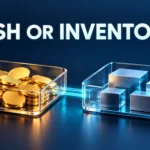 Two open glass trays hold unmarked gold coins and cool crystal and metal inventory blocks, linked by cyan light beneath the words Cash or Inventory?