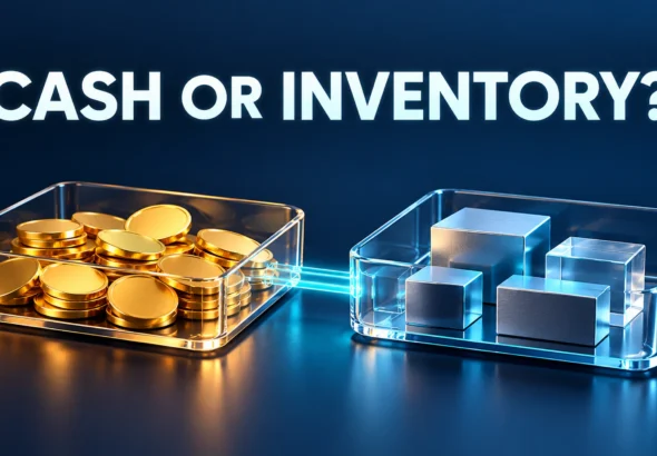 Two open glass trays hold unmarked gold coins and cool crystal and metal inventory blocks, linked by cyan light beneath the words Cash or Inventory?