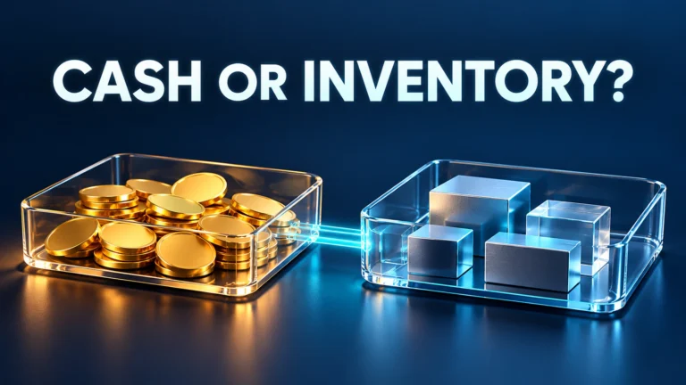 Two open glass trays hold unmarked gold coins and cool crystal and metal inventory blocks, linked by cyan light beneath the words Cash or Inventory?