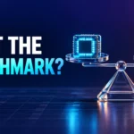 A transparent balance compares a glowing processor with two unmarked metal discs beneath the words Beat the Benchmark?