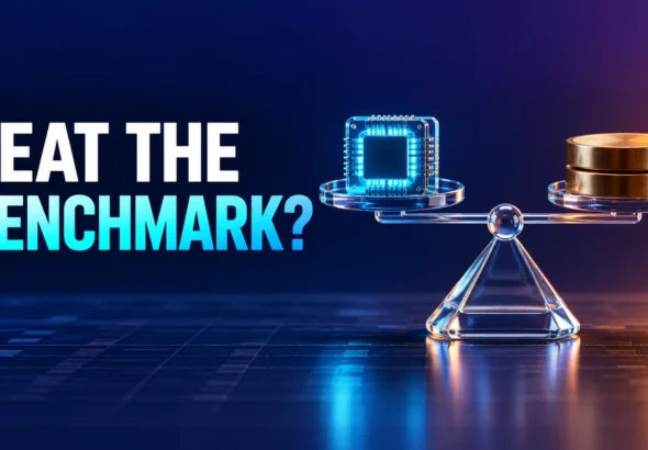 A transparent balance compares a glowing processor with two unmarked metal discs beneath the words Beat the Benchmark?