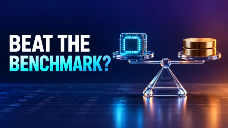 A transparent balance compares a glowing processor with two unmarked metal discs beneath the words Beat the Benchmark?
