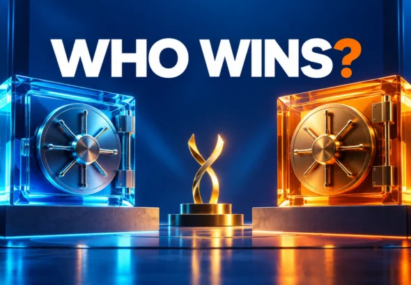 Cyan and orange glass vaults face a gold competition symbol beneath the caption Who Wins, illustrating a capital allocation tournament.