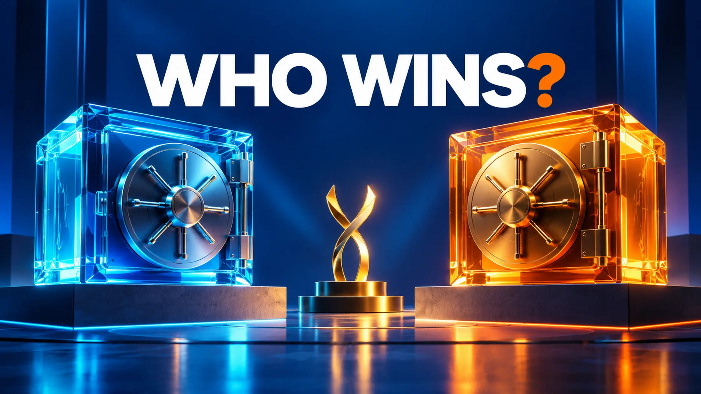 Cyan and orange glass vaults face a gold competition symbol beneath the caption Who Wins, illustrating a capital allocation tournament.