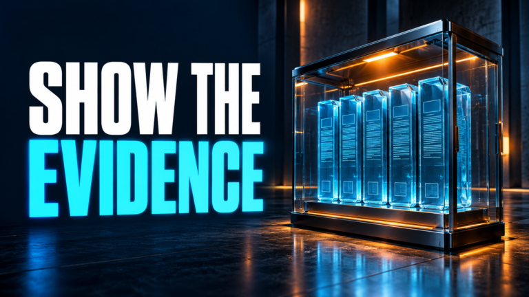 Show the Evidence. A glass archive represents five documented runtime records.