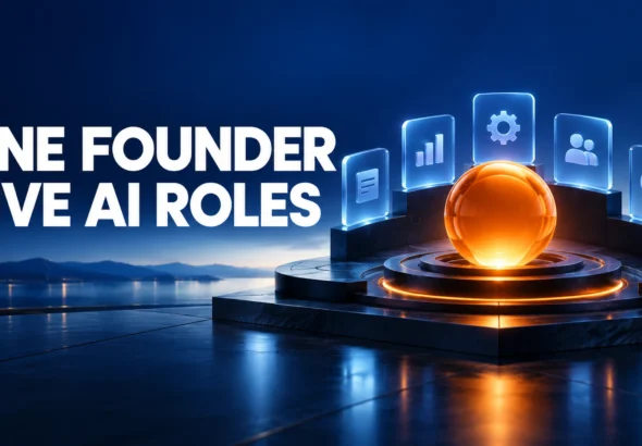 Orange central control sphere with five blue workflow panels and the caption ‘One Founder, Five AI Roles’.