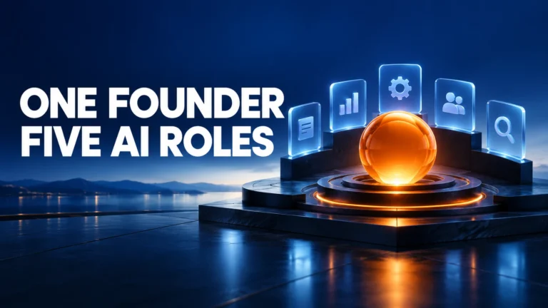 Orange central control sphere with five blue workflow panels and the caption ‘One Founder, Five AI Roles’.