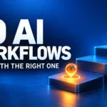 Blue three-step platform with an orange starting marker and a cyan checklist, beside the words 50 AI Workflows: Start with the Right One.