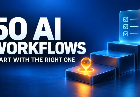 Blue three-step platform with an orange starting marker and a cyan checklist, beside the words 50 AI Workflows: Start with the Right One.