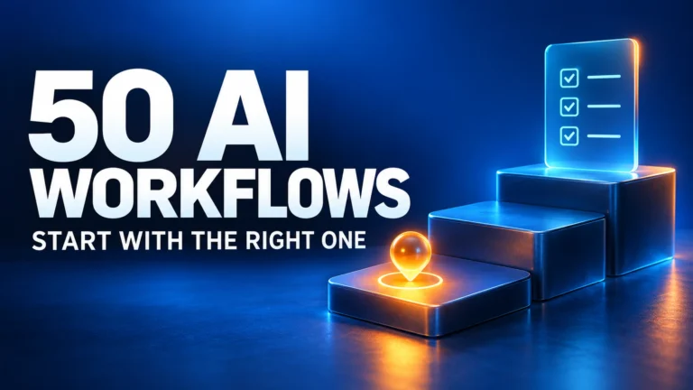 Blue three-step platform with an orange starting marker and a cyan checklist, beside the words 50 AI Workflows: Start with the Right One.