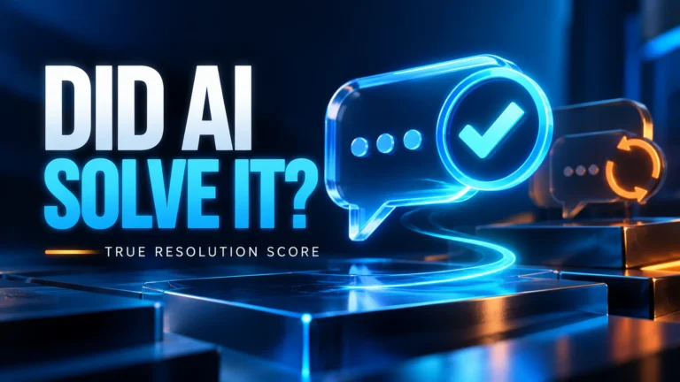 A luminous cyan verified support response contrasted with an orange retry icon; caption: Did AI Solve It? True Resolution Score.
